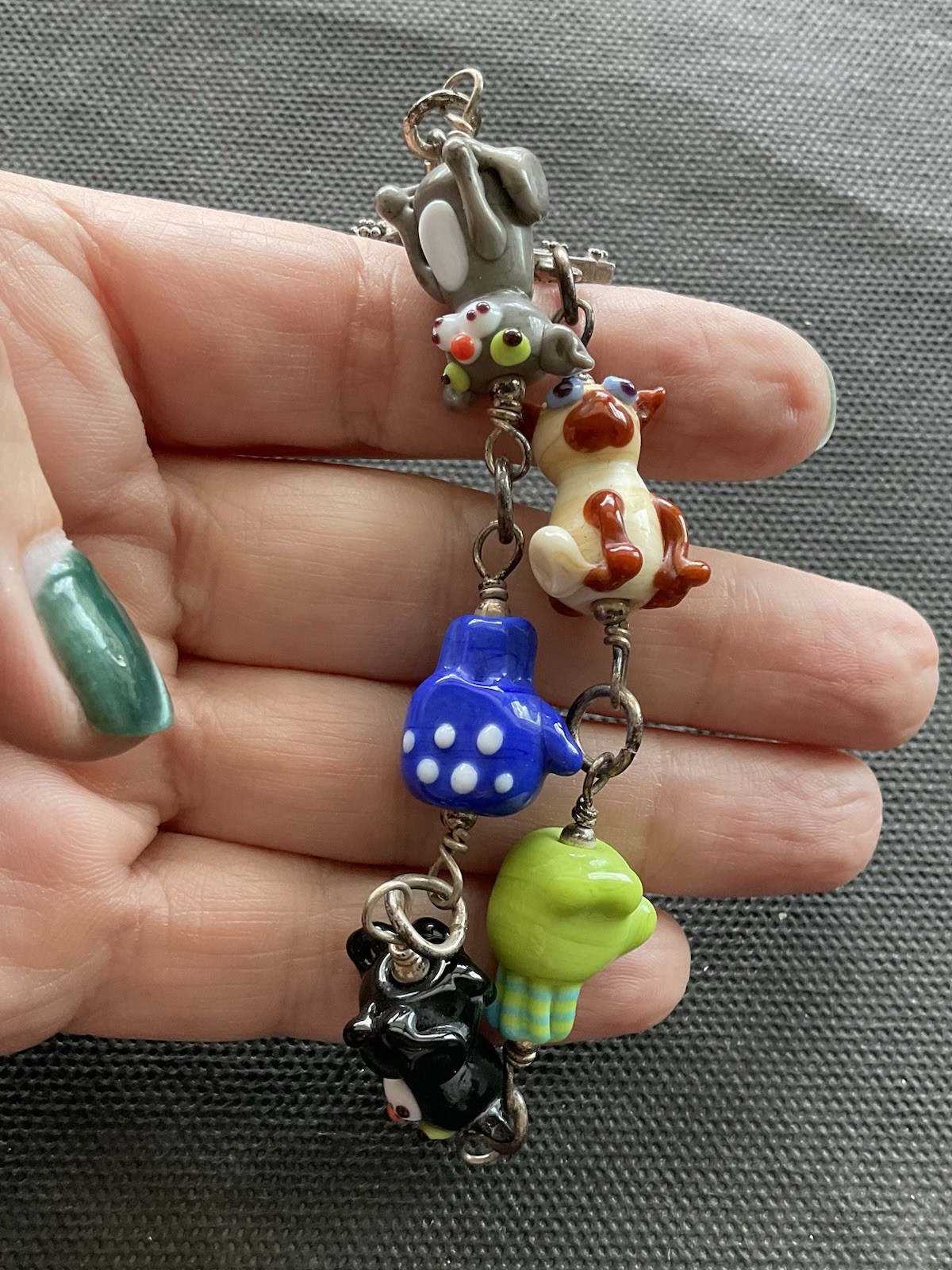 Silver Tone Toggle Bracelet With assorted colorful lampwork glass animal beads