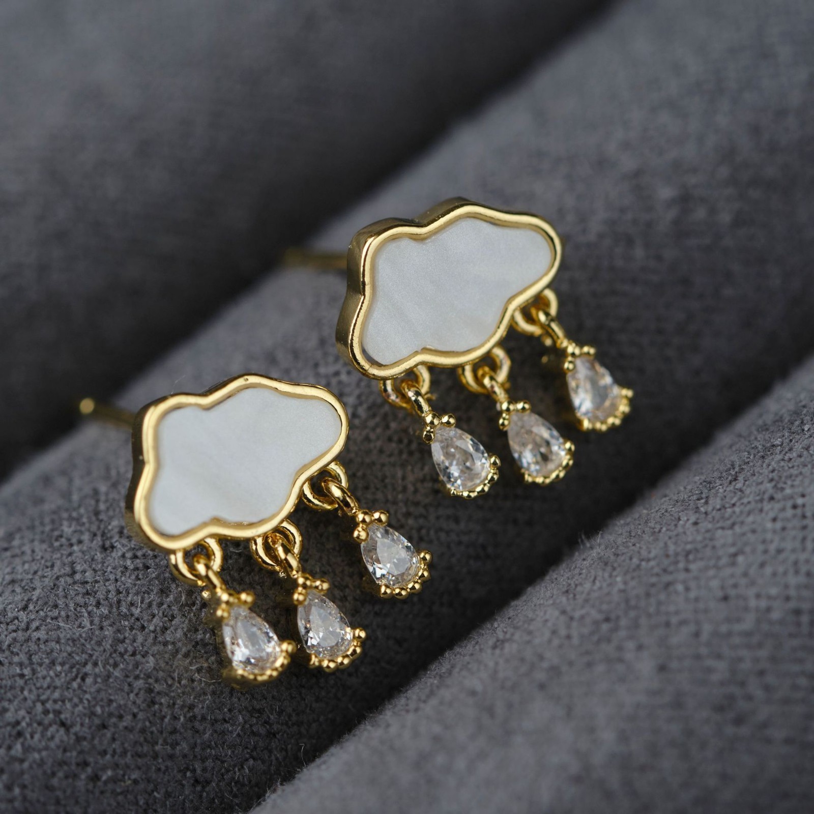 Pretty White Cloud Triple Raindrop CZ Hanging Gold Plated Stud Earrings