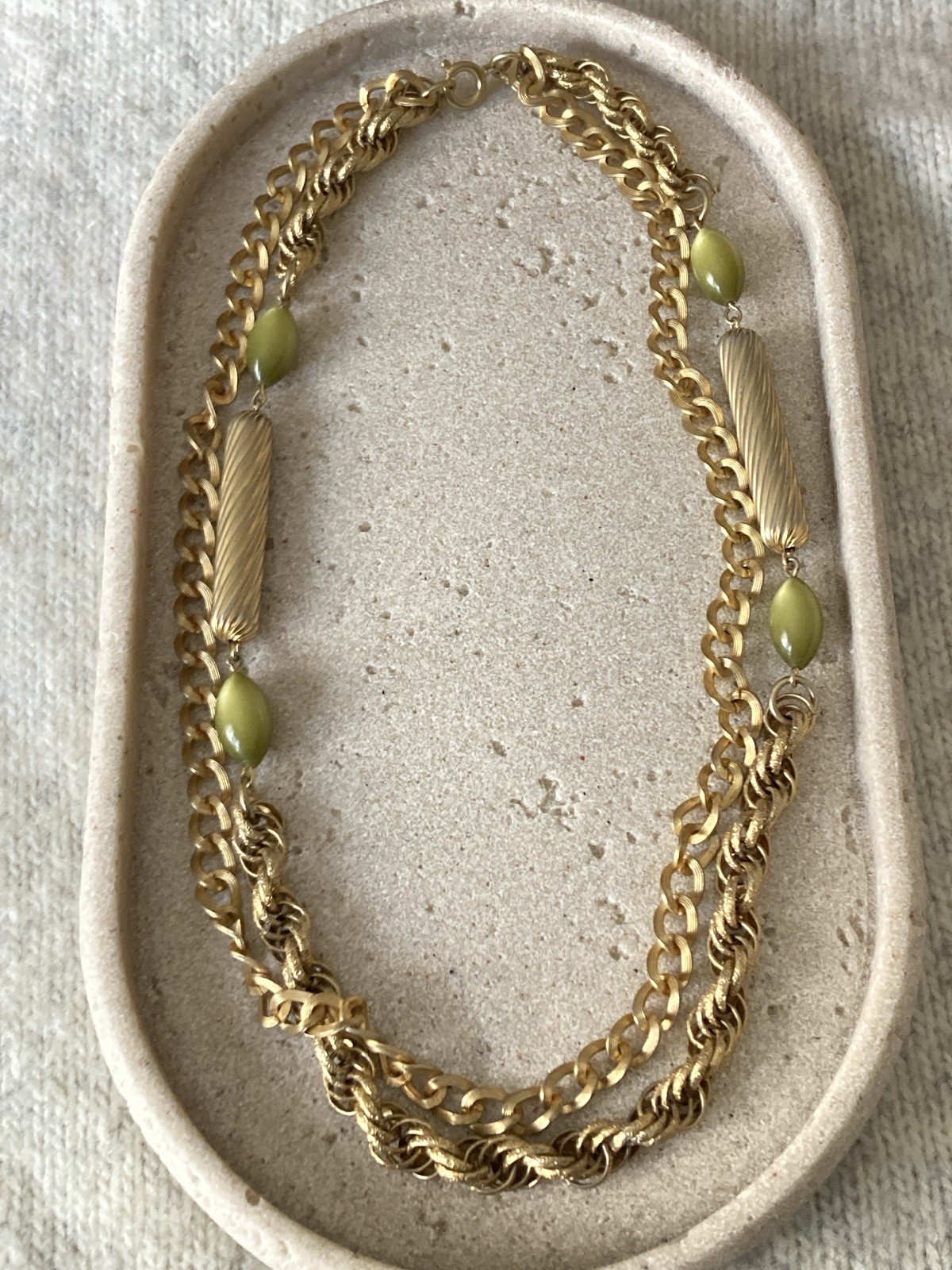 Gold Tone Multi Chain Necklace Olive Green Beads Textured Bar Statement Collar