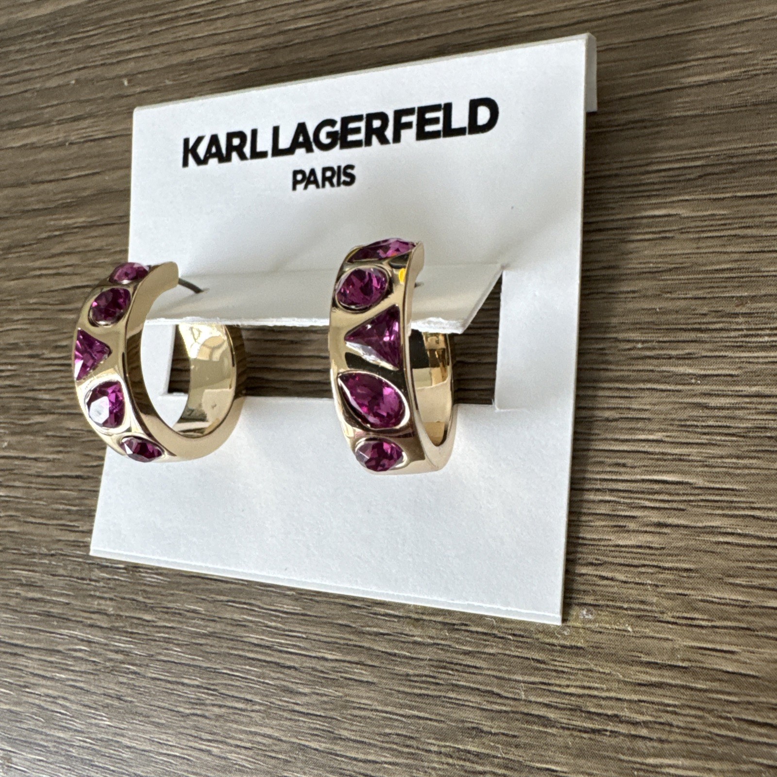 Karl Lagerfeld Paris Gold Tone Josephine Pink Crystal Hoop Earrings NWT