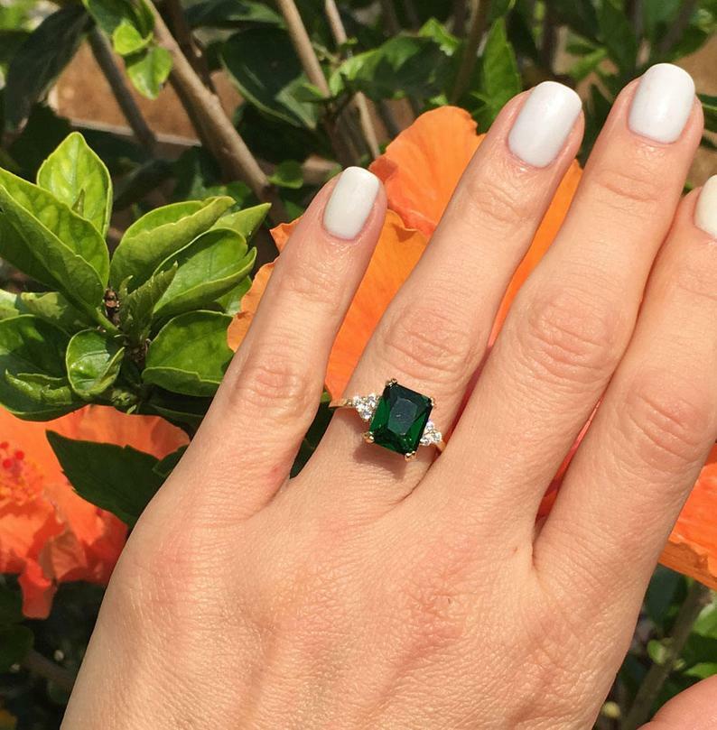 925 Sterling Silve Emerald Gemstone Band Ring May Birthstone,Statement Ring