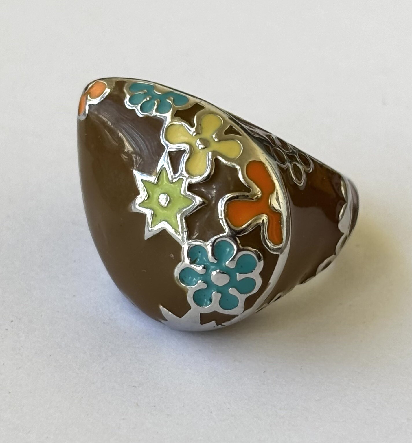 Heavy Ring Brown Enamel Hippies Flowers Stainless Steel Good Quality Size 7