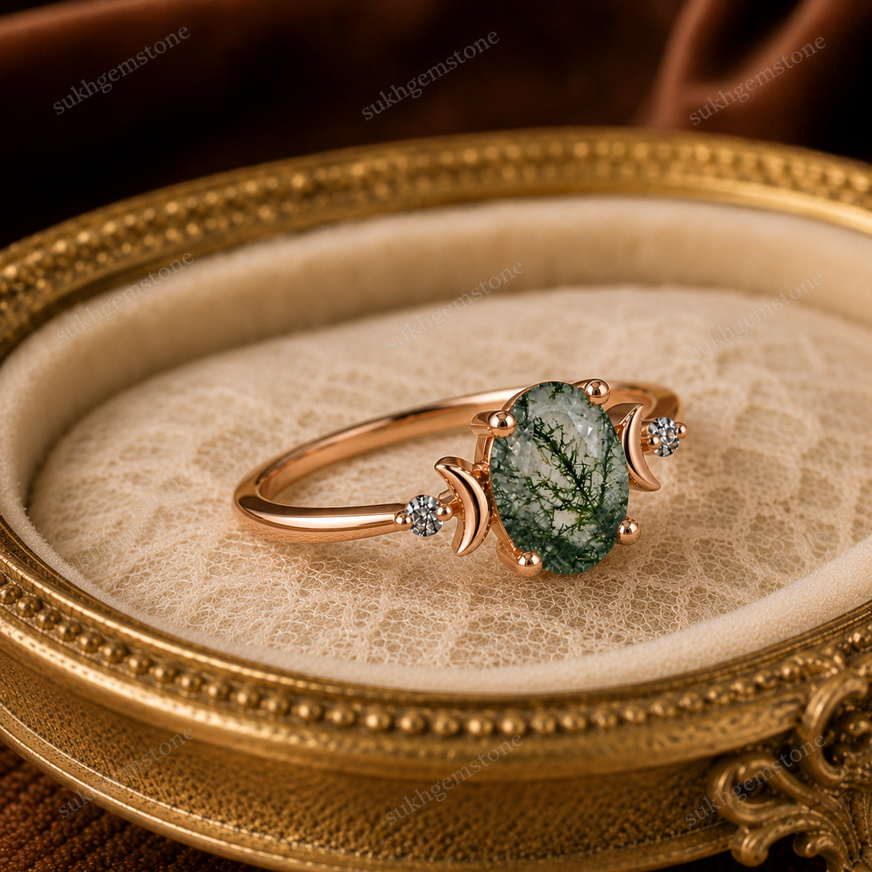 Lab Created Green Moss Agate Ring, Base Metal: Brass Finish: Gold Plated