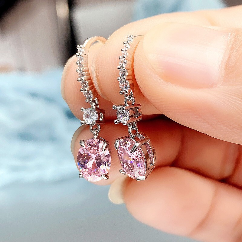 1″ Long Pink Oblong Rhinestone Clear Crystal Prom Pageant Earrings Drop Dangle