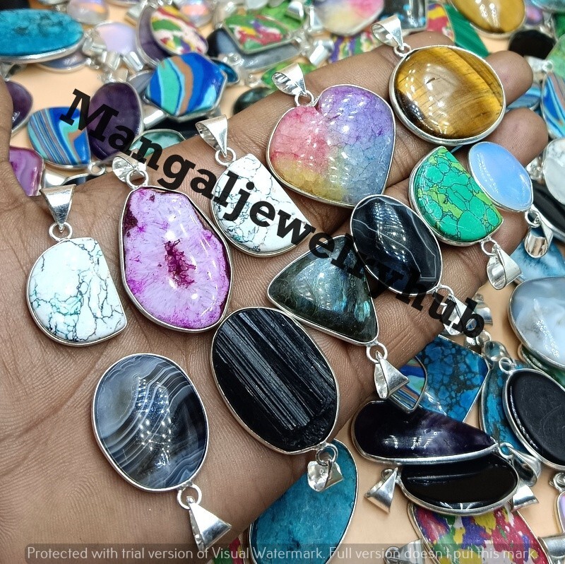 Wow Lace Agate & Mix Gemstone 100PCS Pendants 925 Silver Plated Bulk Jewelry Lot