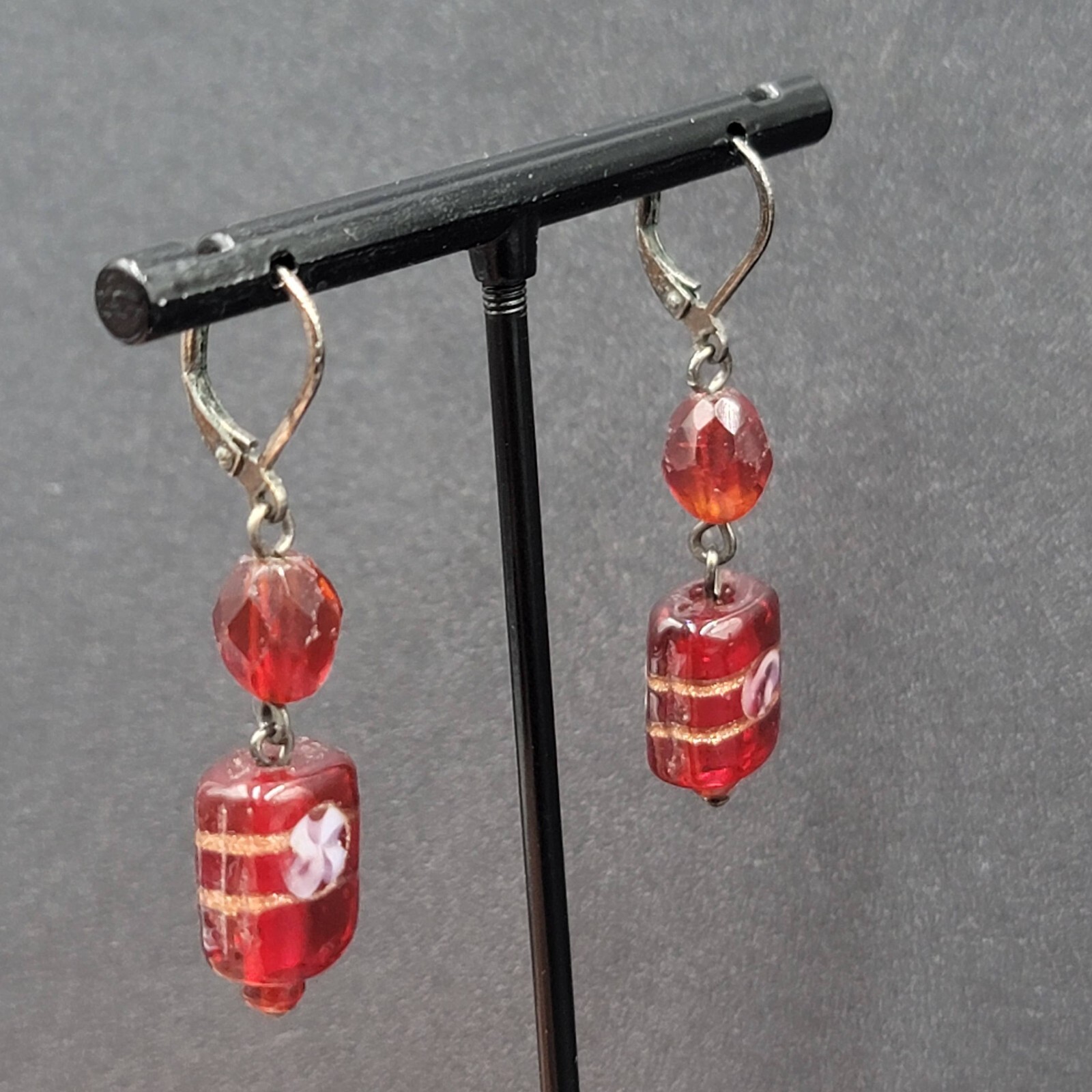 Pierced Earrings Black Metal Red Art Glass Beads 1.25″