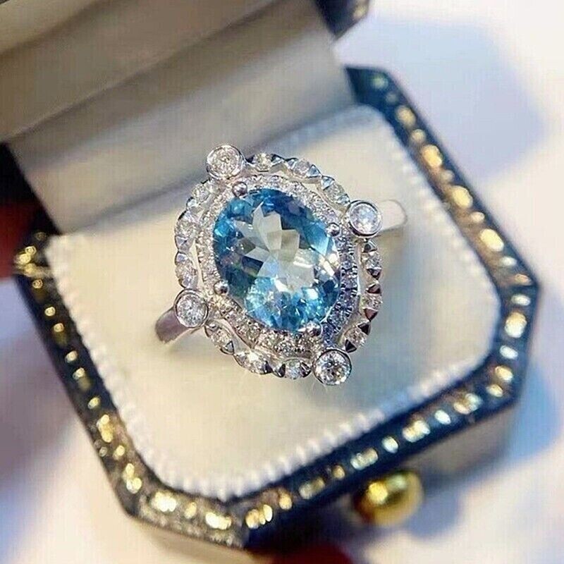 2.50Ct Oval Simulated Aquamarine Halo Engagement Ring In 14K White Gold Plated