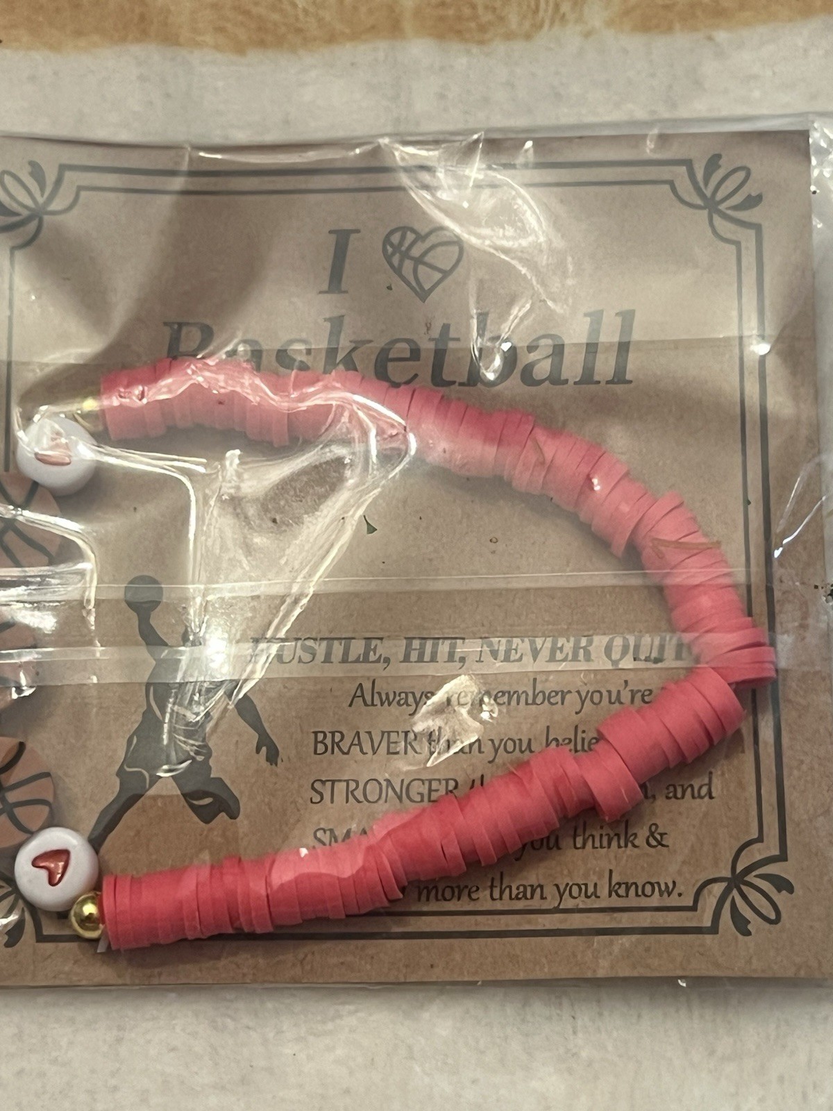 Pink White Gold Plastic Beaded Bracelet Heart Beads Love Sports Theme