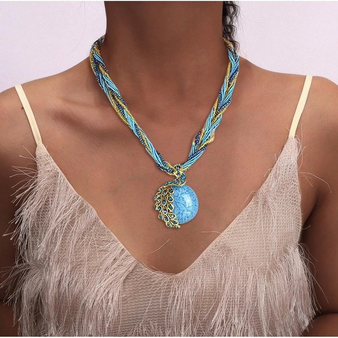 Bohemian Peacock Statement Necklace Blue Turquoise Gold Rhinestone Multi Strand