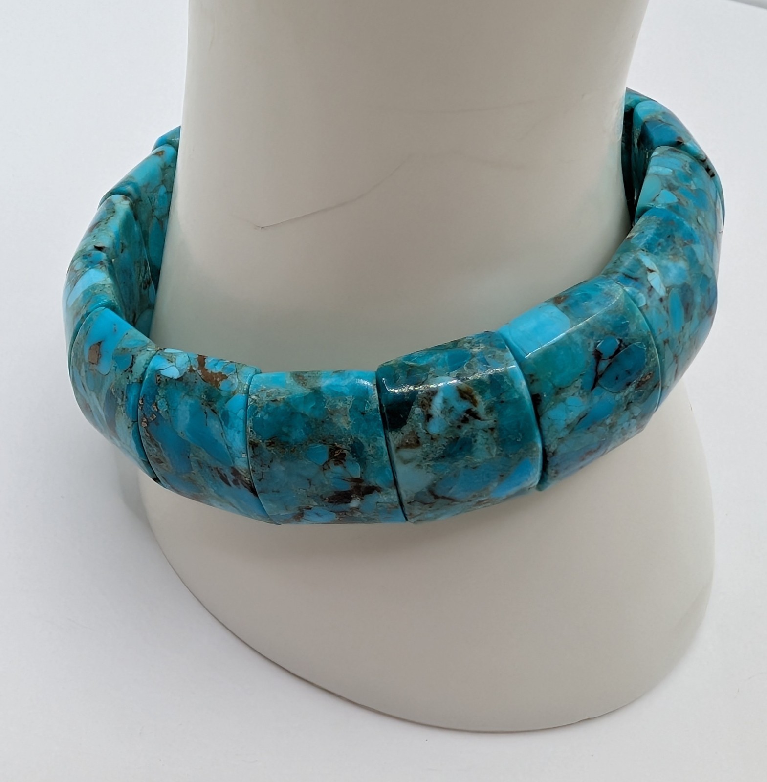 Composite Turquoise Wide Stretch Bracelet Blue Matrix Statement 7″ Boho Chunky