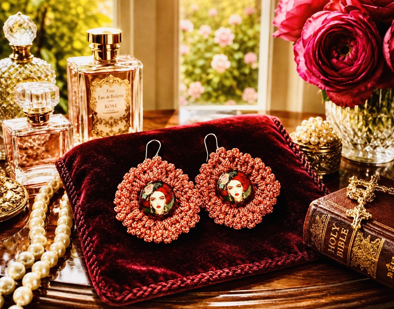 Earrings Crochet Cabochon Boho Woman Designer Fashion “ Hand Knits 2 Love” Hip