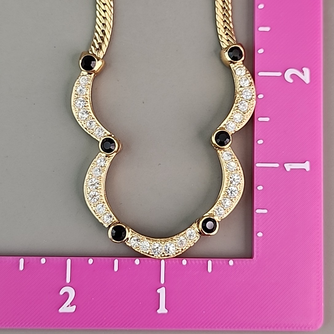 Rhinestone Chain Necklace Scalloped Clear Glass Gold Tone Herringbone 21″