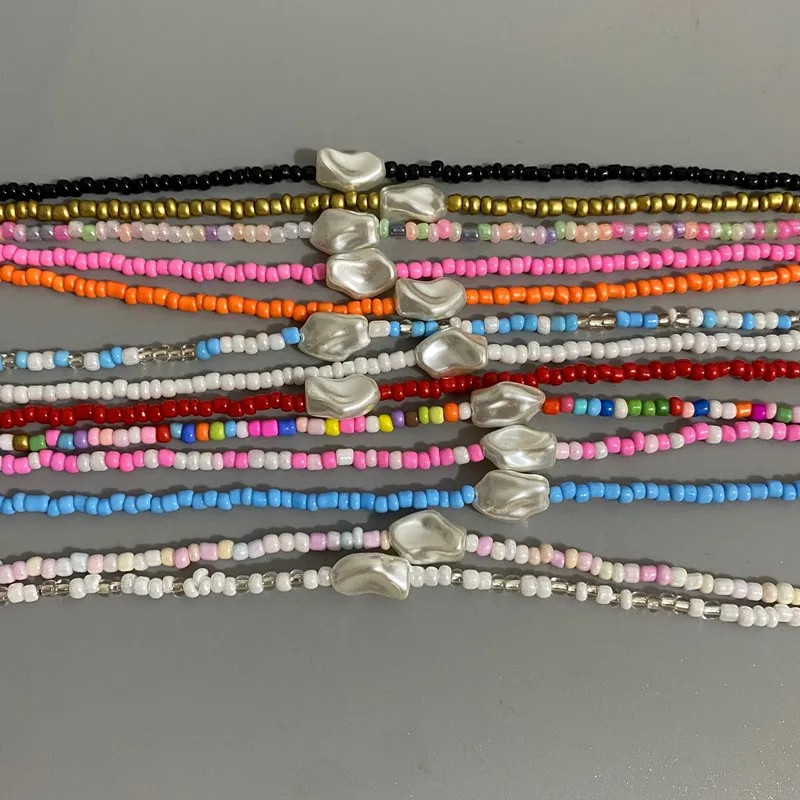 Fashion Boho Beads Necklace Women Imitation Pearl Seed Beaded Strand Short Choke