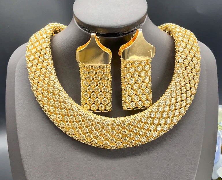 18K Gold Plated Dubai Italy African Wedding Chunky Necklace Earrings Bracelet 3p