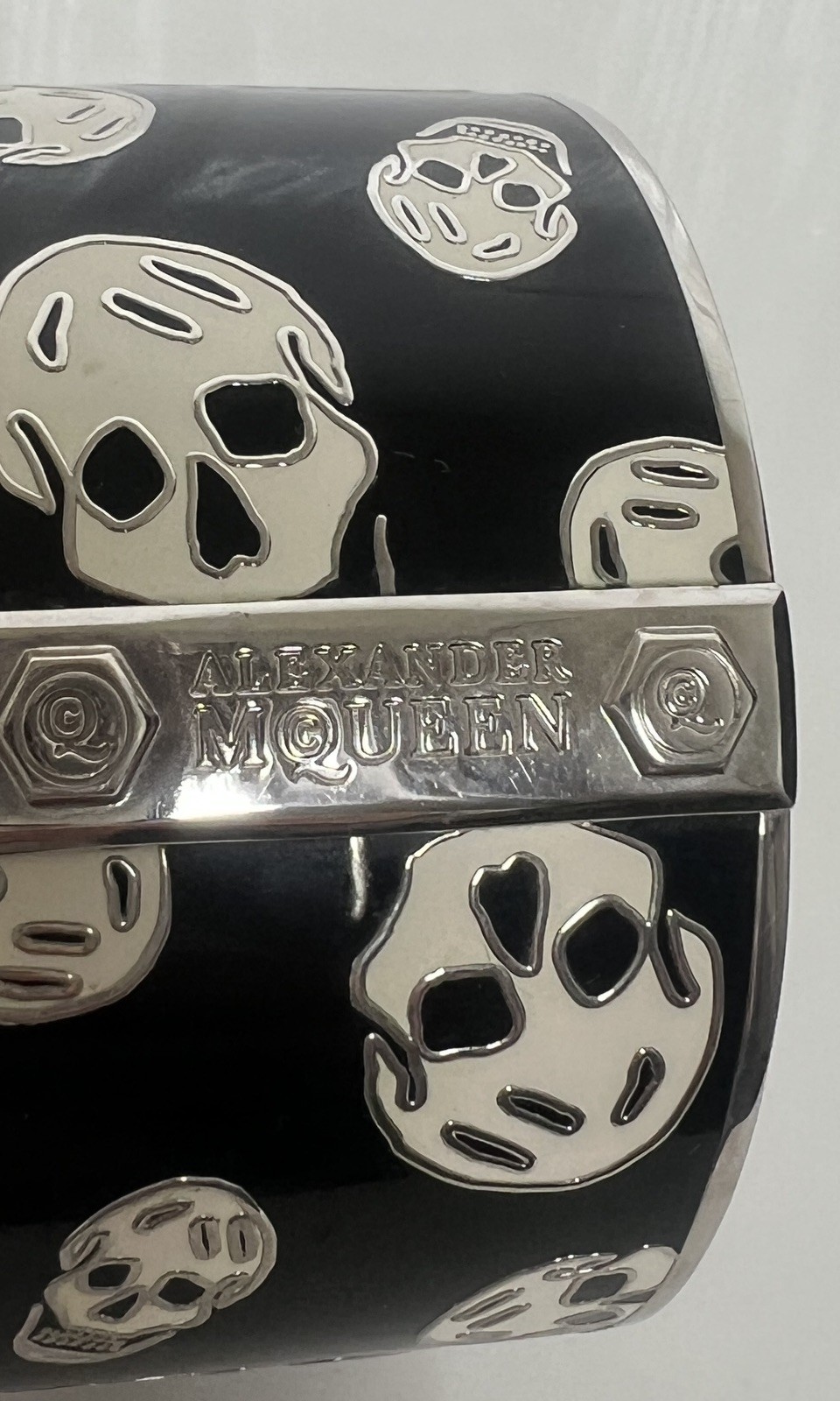 Alexander McQueen Skull Logo Icon Black White Enamel Silver Cuff Bracelet