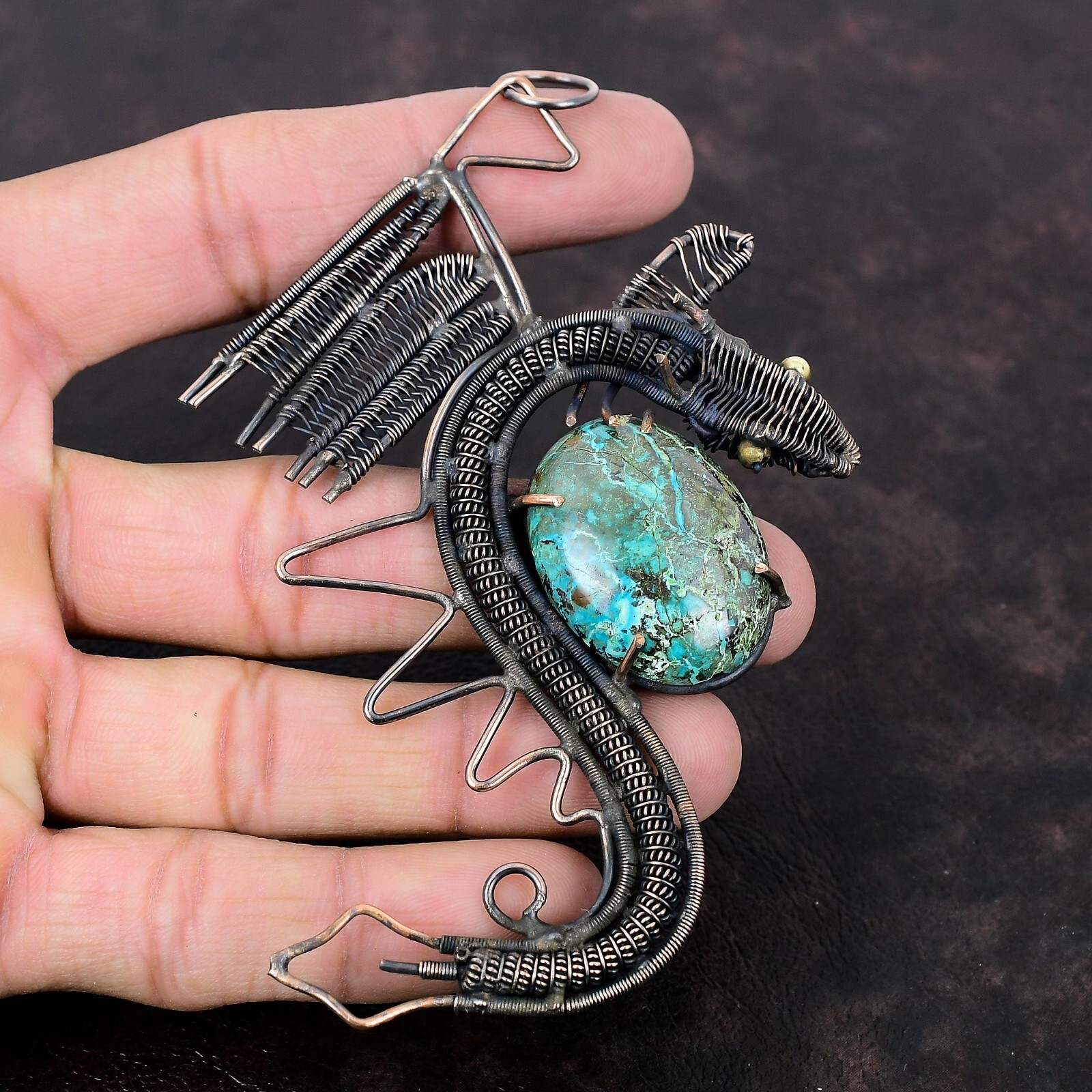 Shattuckite Gemstone Jewelry Copper Wire Wrapped Dragon Pendant For Women 4.41″