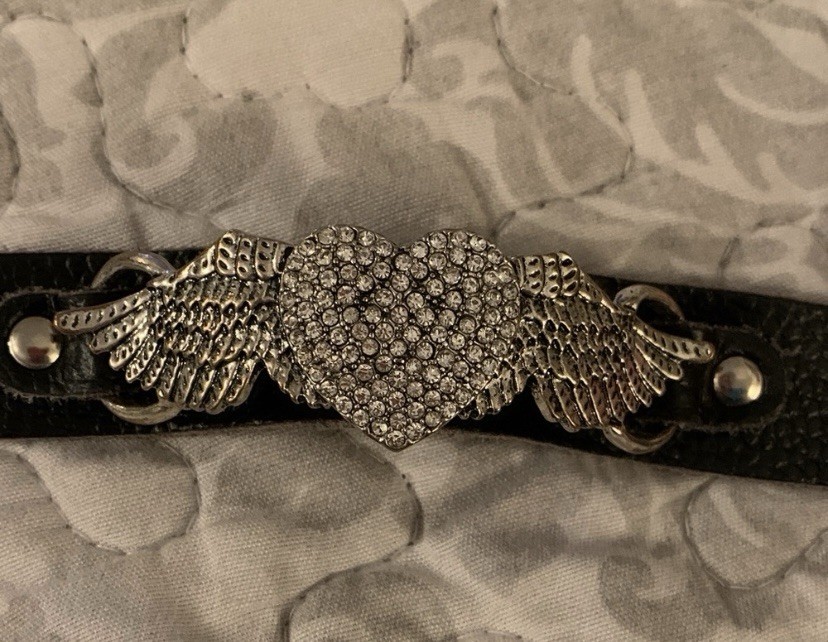 Black Leather Snap Cuff Wrap Bracelet, Pavé Crystal Rhinestone Heart Wings