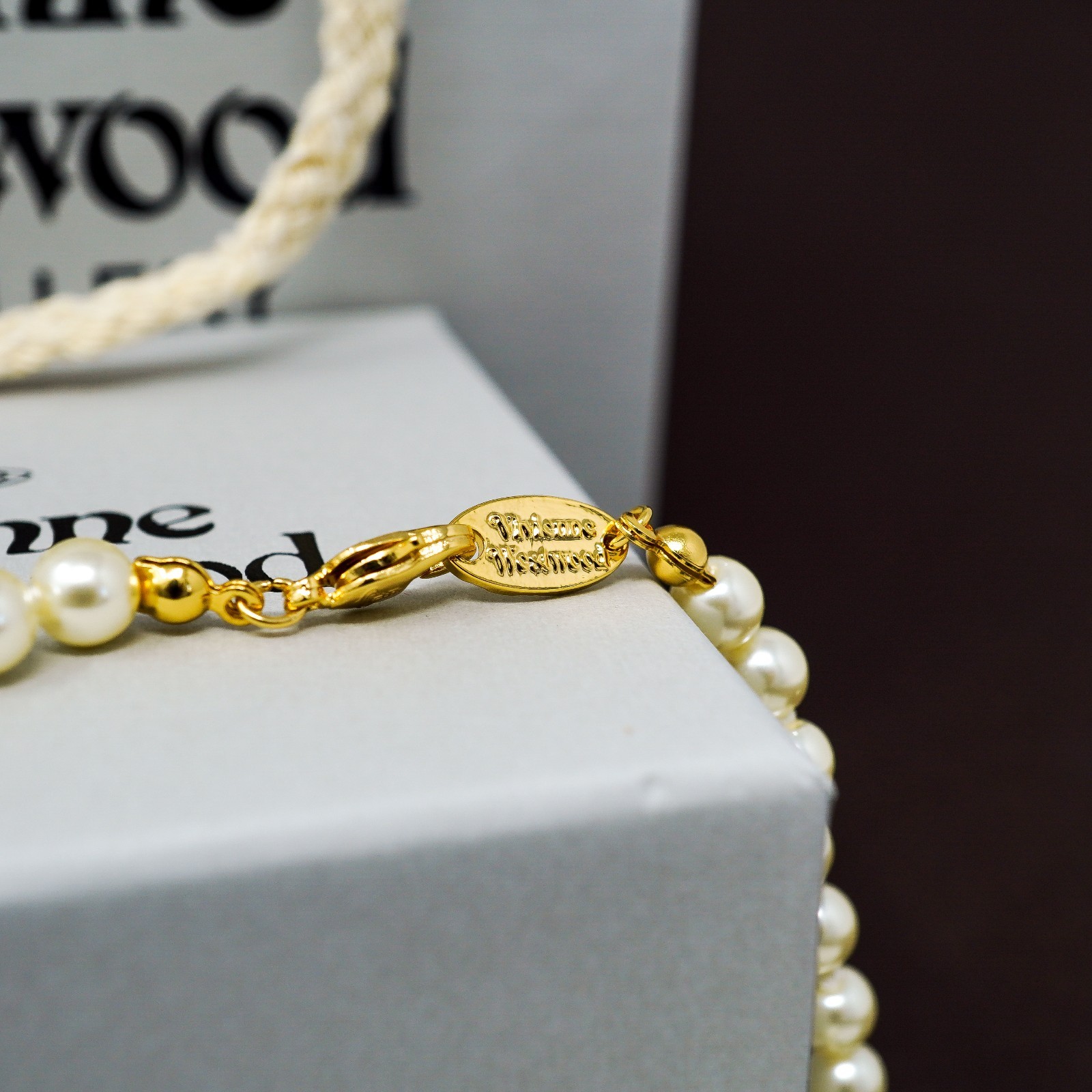Vivienne Westwood Necklace Bas Relief Pearl & Gold Pendant With Crystals & Box