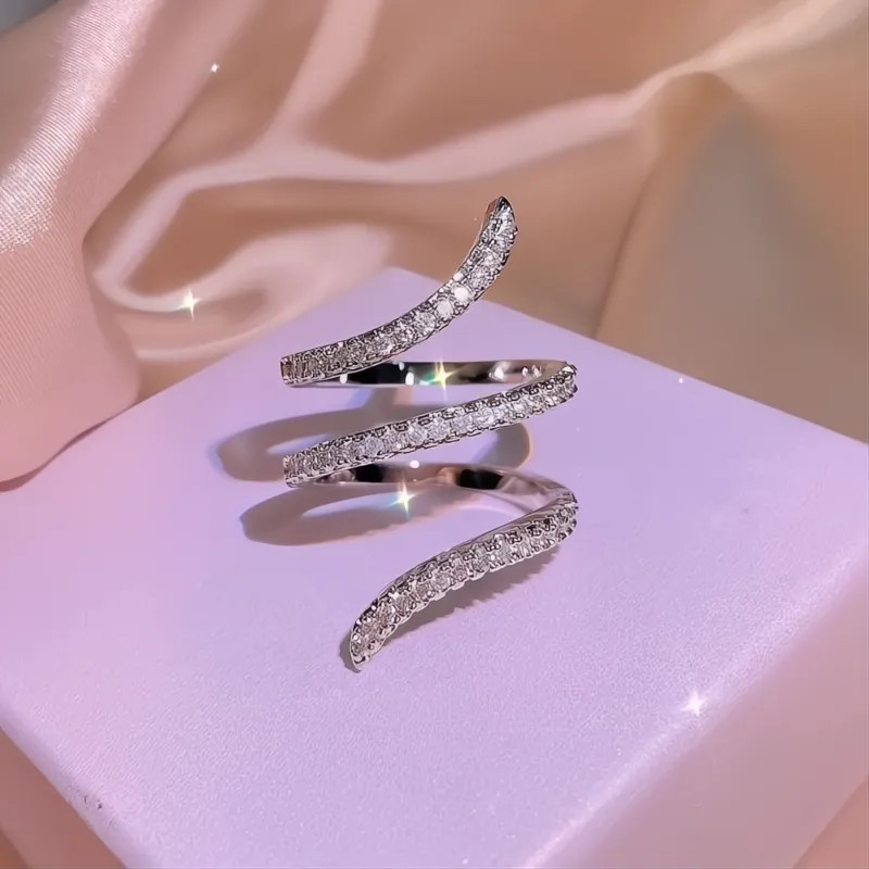 One Size Adjustable Wrapped Finger Ring for Women Silver Color Full Paved