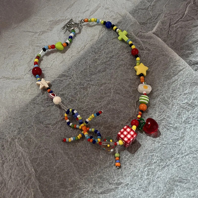 Boho Kpop Colorful Sugar Star Tassel Pendant Choker Necklace for Women Sweet Lov