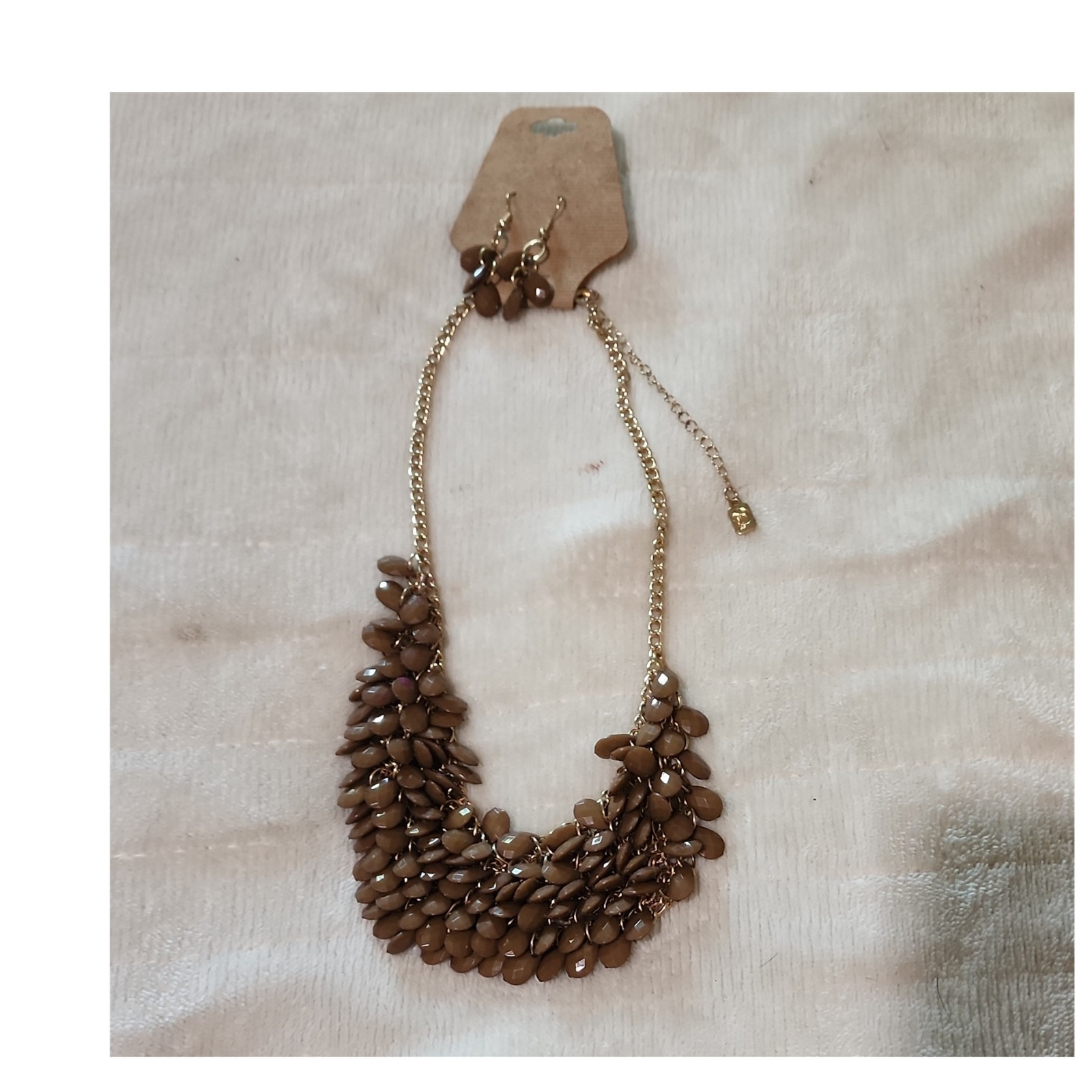 Gold Tone Brown Beaded Statement Bib Necklace Cable Chain Lobster Clasp Adjust