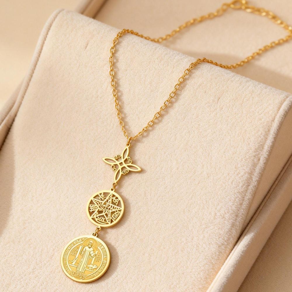 Triple Protection Knot With Witch Necklace Pentagram Tetragrammaton St. Benedict
