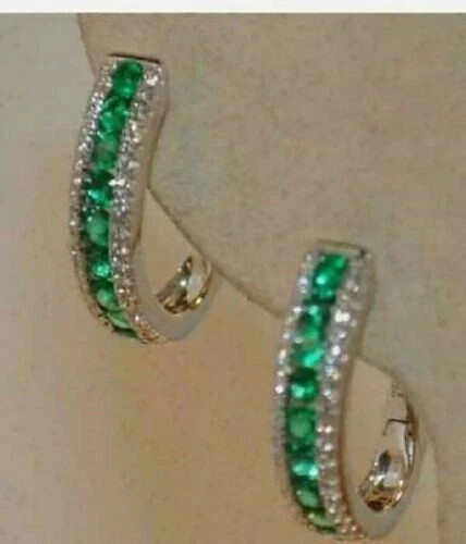 2 Ct Simulated Green Emerald Huggie Hoop Women’s Earring 14K White Gold Finish
