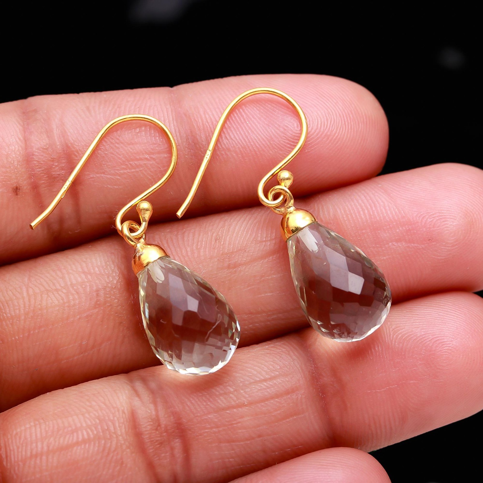 Natural Green Amethyst Teardrop Dangle Earrings Gold Plated Solid Silver Jewelry