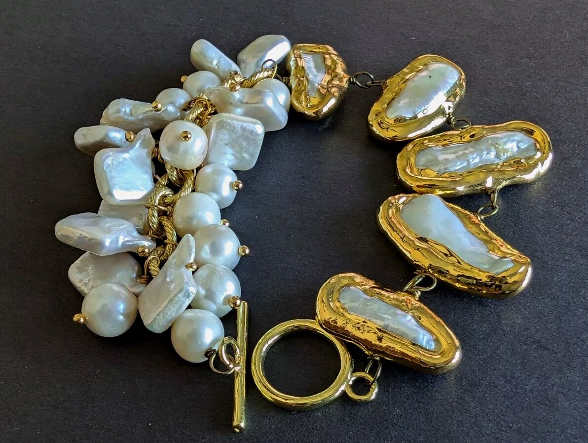 Natural Freshwater Pearl and Gold Finish Chain Charm Bracelet (1 pc)