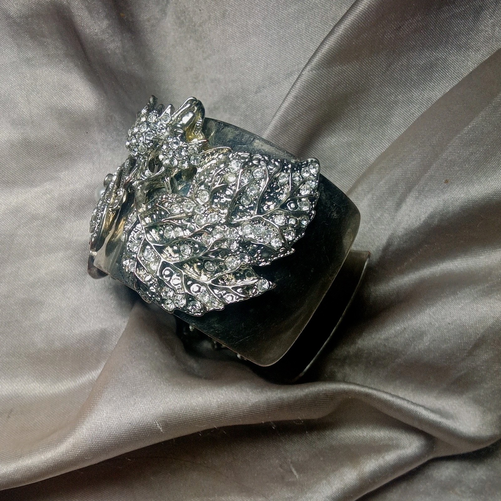 Silver Tone Wide Floral Cuff Bracelet w/ Clear Rhinestones & Faux Pearls