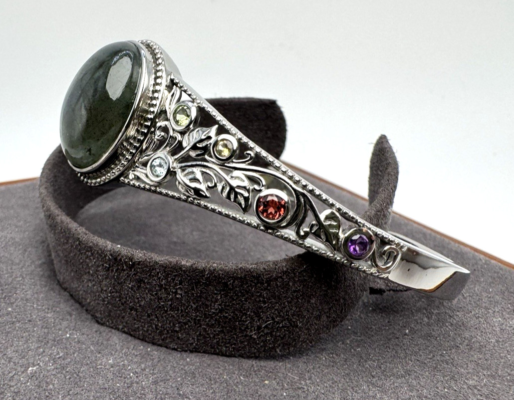 Natural Labradorite & Multi Gemstone Cuff Bracelet in Stainless Steel (6.5-7 In)