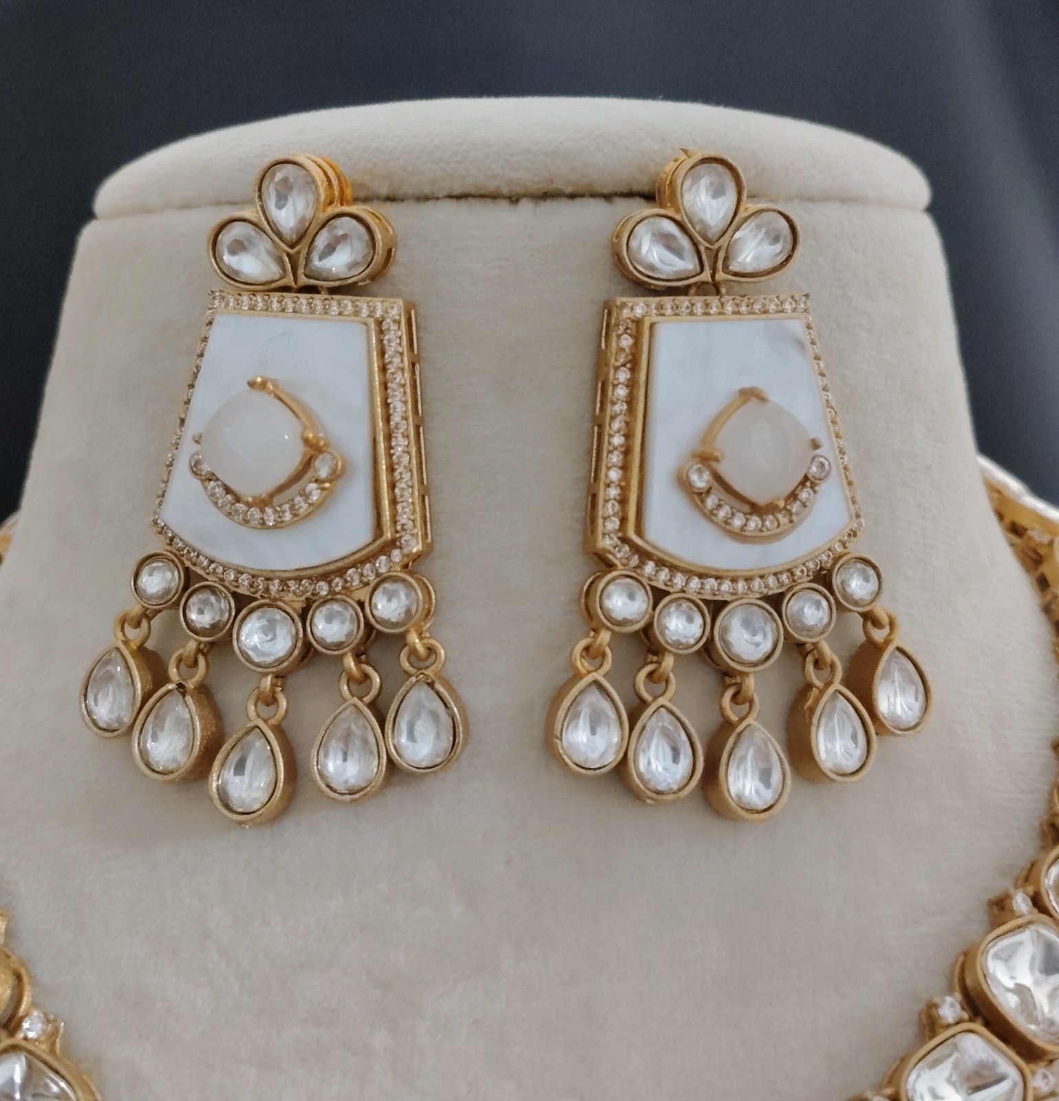 Elegant White Mother of Pearl Polki Necklace Matching Earrings Roz Jewellers.