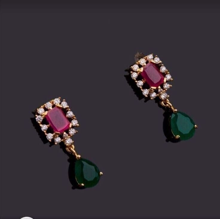 2.30Ct Emerald Pear Simulated Ruby Emerald Drop Earrings 14k Yellow Gold Plated
