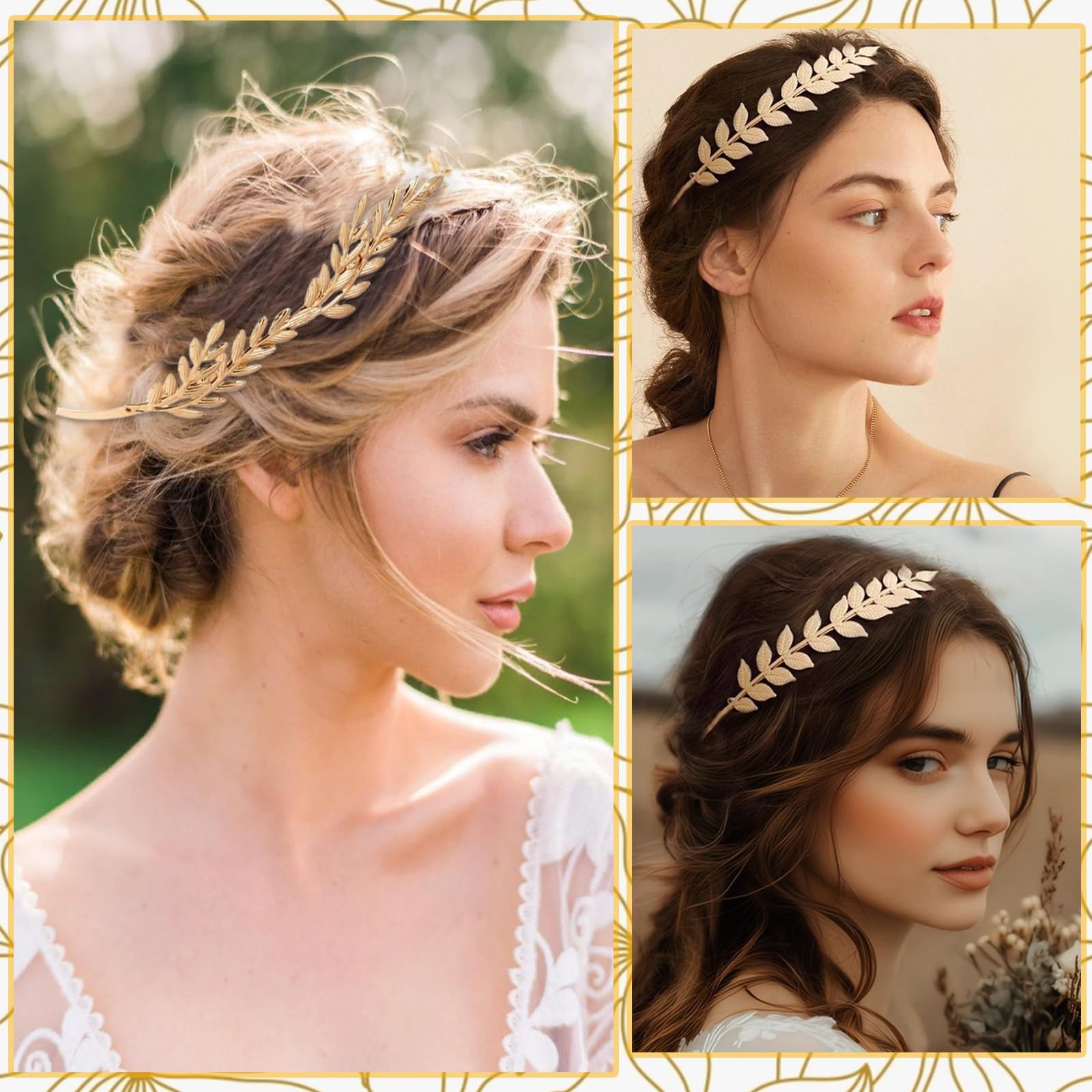 3 Pcs Gold Color Leaf Headbands Baroque Vintage Golden Olive Medium,