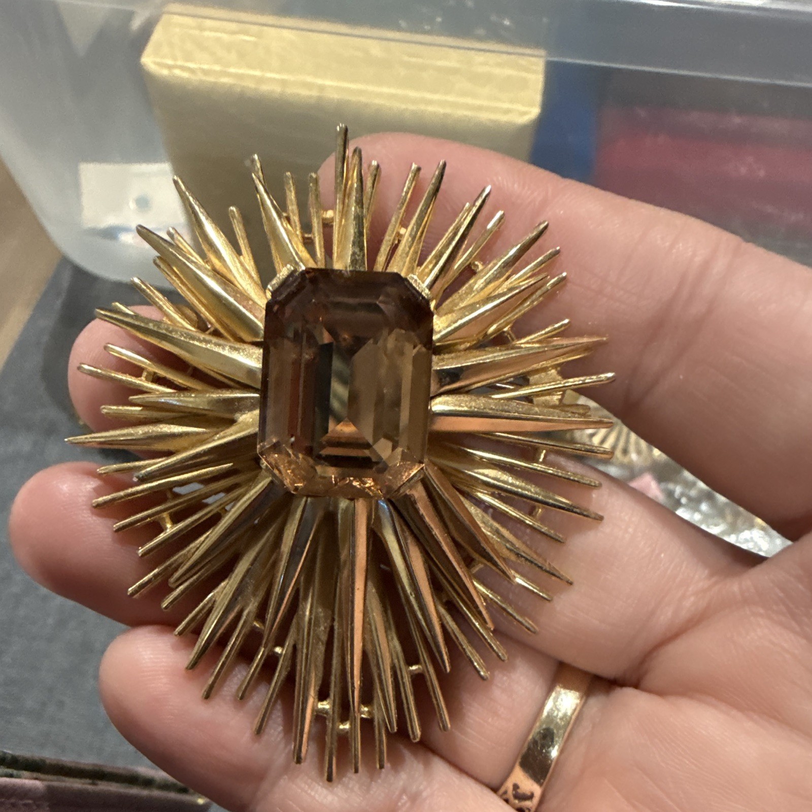 Gold Tone Metal Starburst Brooch Pin, Brown Emerald Cut Crystal Stone