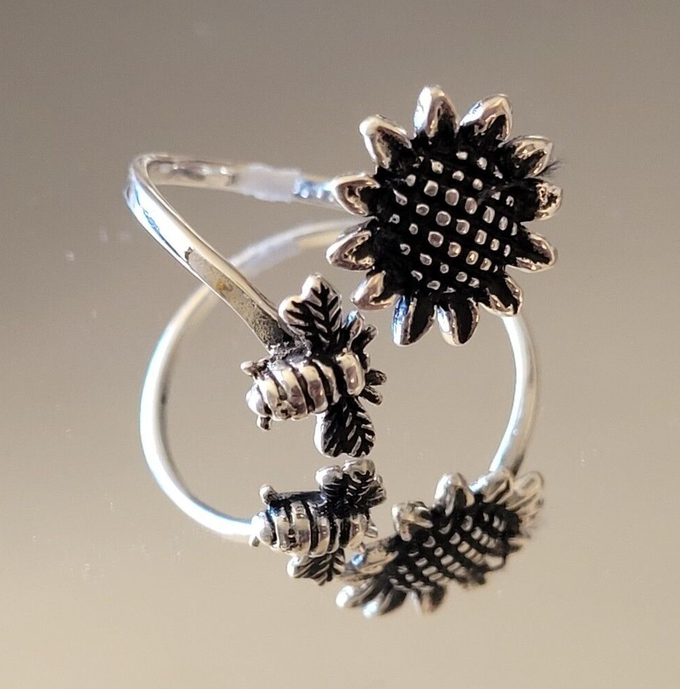 Sterling Silver Bumble Bee Hovering Over Sunflower Ring Garden Band Ring