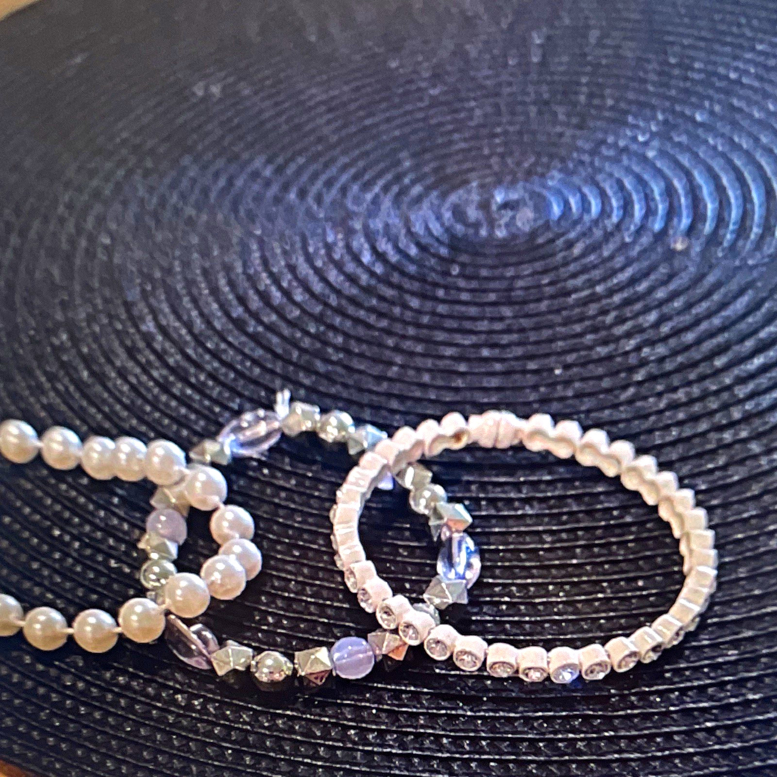 2pc Beaded Stretch Bracelets White Pearl & Clear Crystal Silver Tone No