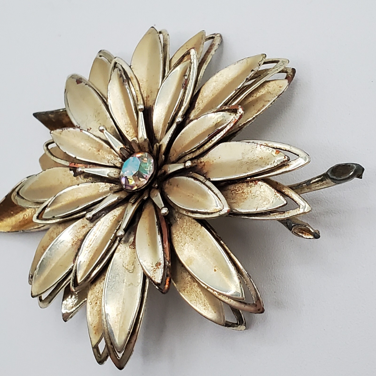 VTG Brooch 3.5in Large Gold Tone Flower Aurora Borealis 3D Layered REPAIRED READ