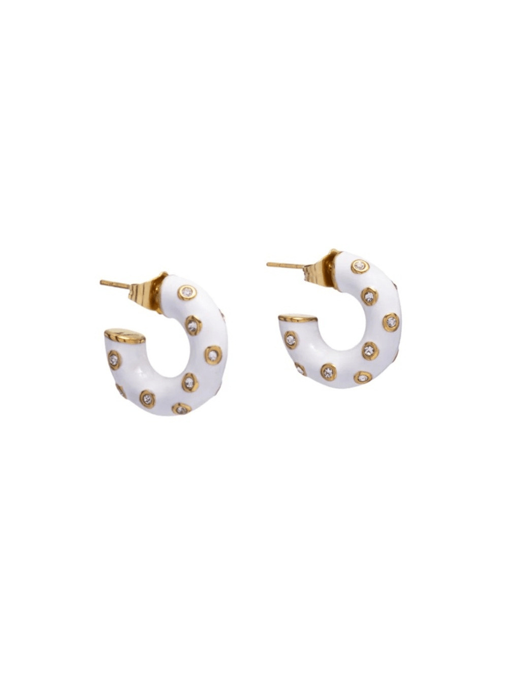 White Enamel Hoop Earrings with Gold Accents and Crystal Details
