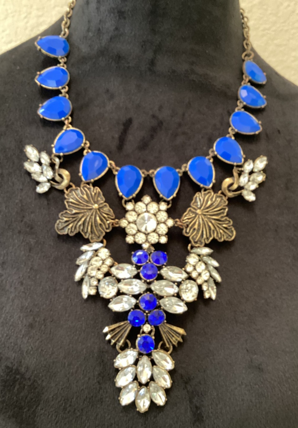 Spring Street Blue and Clear Rhinestone and Antiqued Brass Statement Necklace