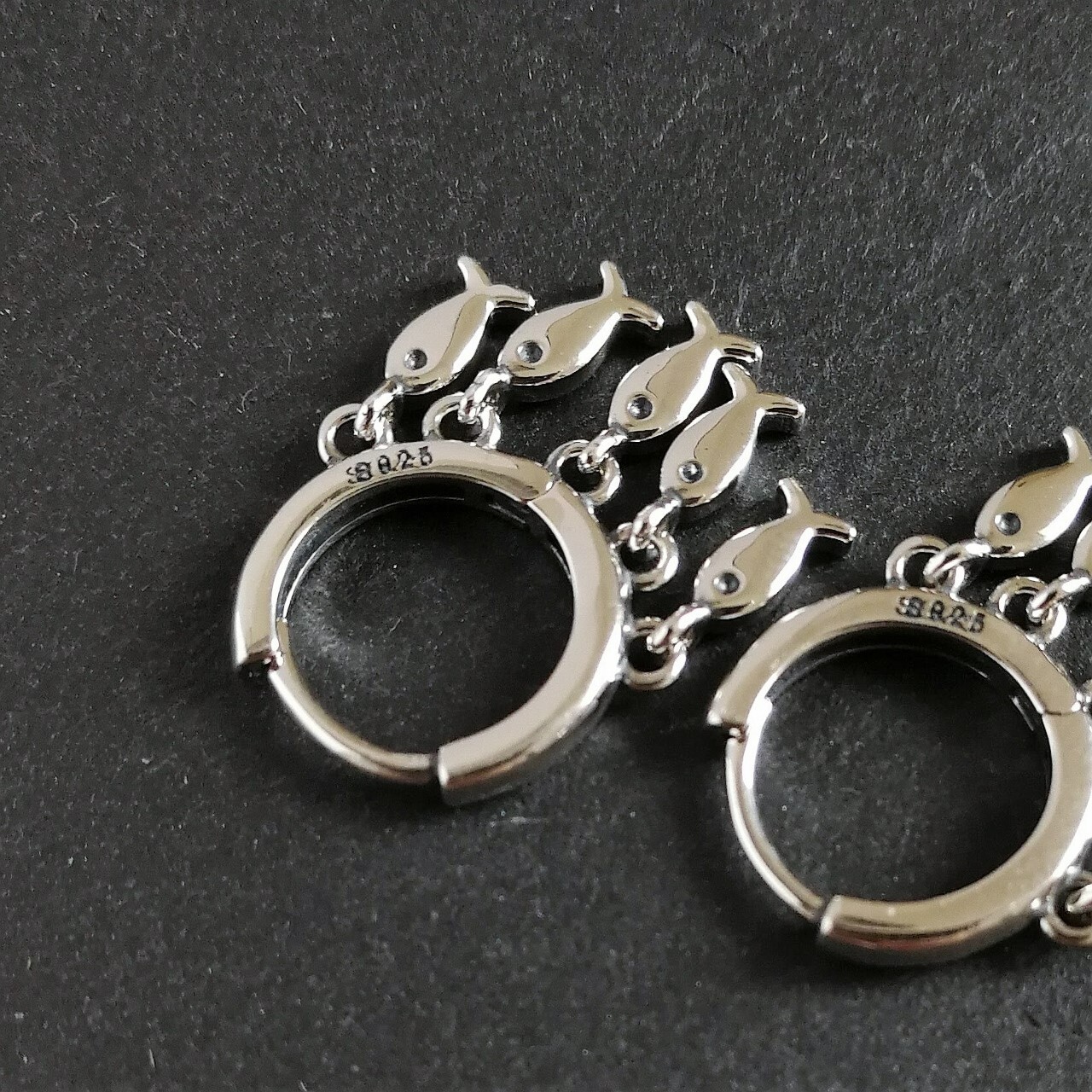 Shiny Sterling Silver Small Tiny Hoop Pierced Earrings with Dangling Small Fish