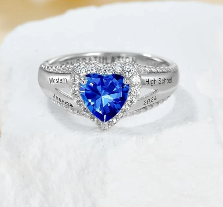 Women Custom Heart Gemstone For University High School Class Ring In 925 Silver