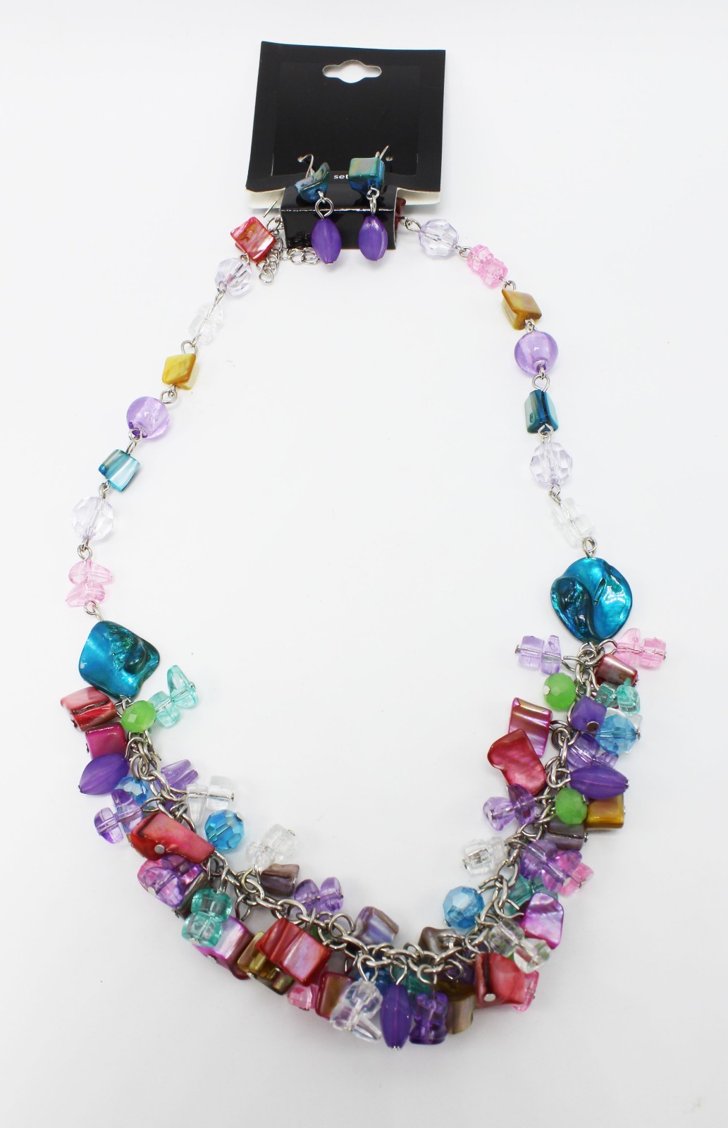 New Silver Tone Necklace Earring Set with Colorful Shell Stones NWT #N2348