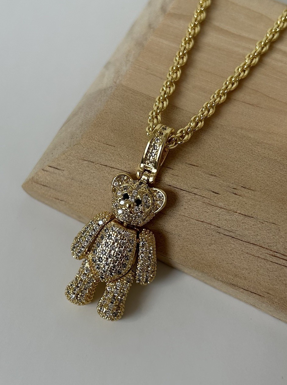18ct G.F & CZ Stone Teddy Bear Pendant Necklace 55cm (22’) Rope Chain 18K Filled