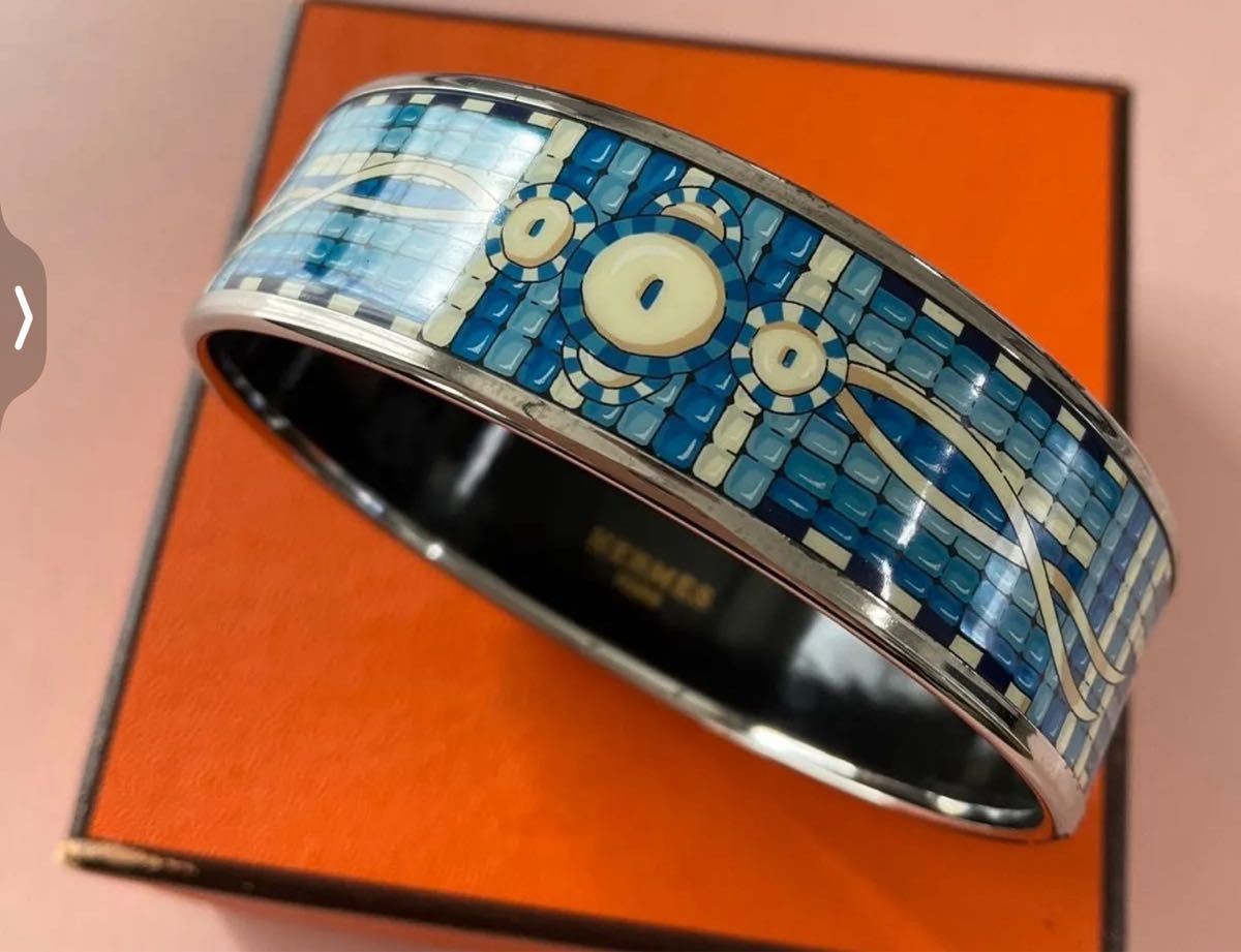 HERMES Cloisonne Enamel Email GM Bangle Bracelet Royal Blue Silver Women