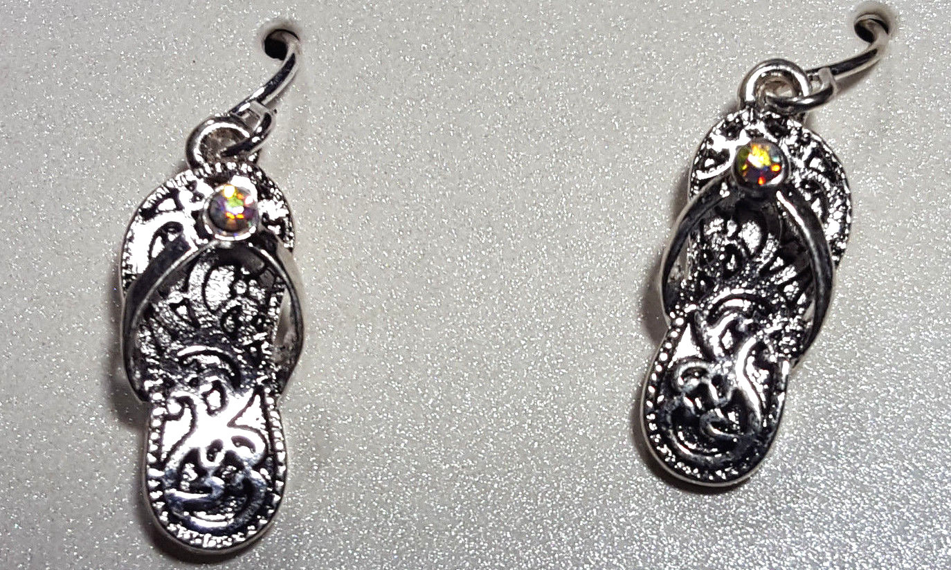 Flip Flop Necklace & Earrings Set Silver Color Rhinestone Bling Beach Sandal