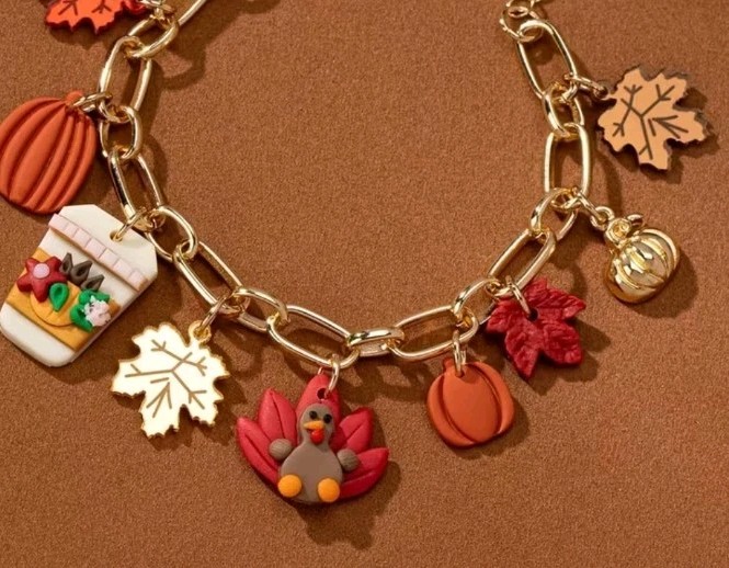 Fall Festival Charm Bracelet. Clay,acrylic, Metal Charms. Adjustable Goldtone.
