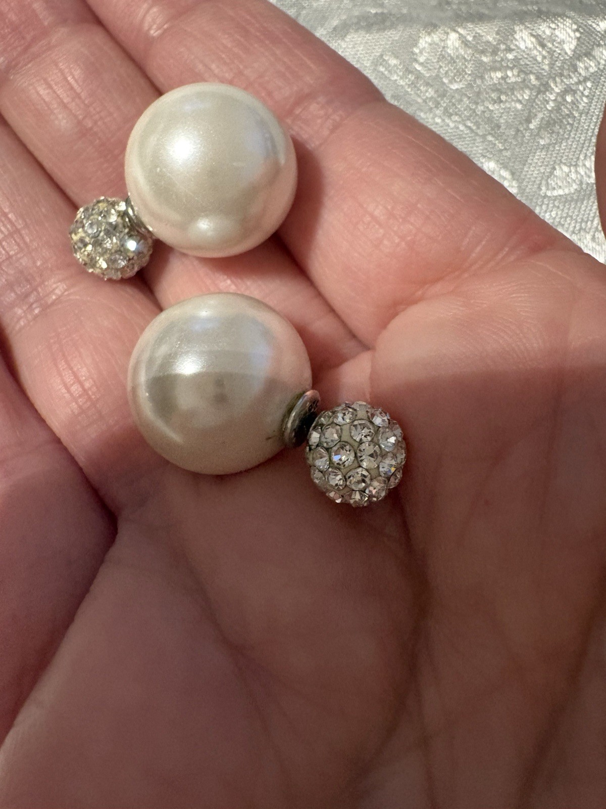 925 Sterling Silver Large Pearl & Pave Crystal Ball Stud Earrings