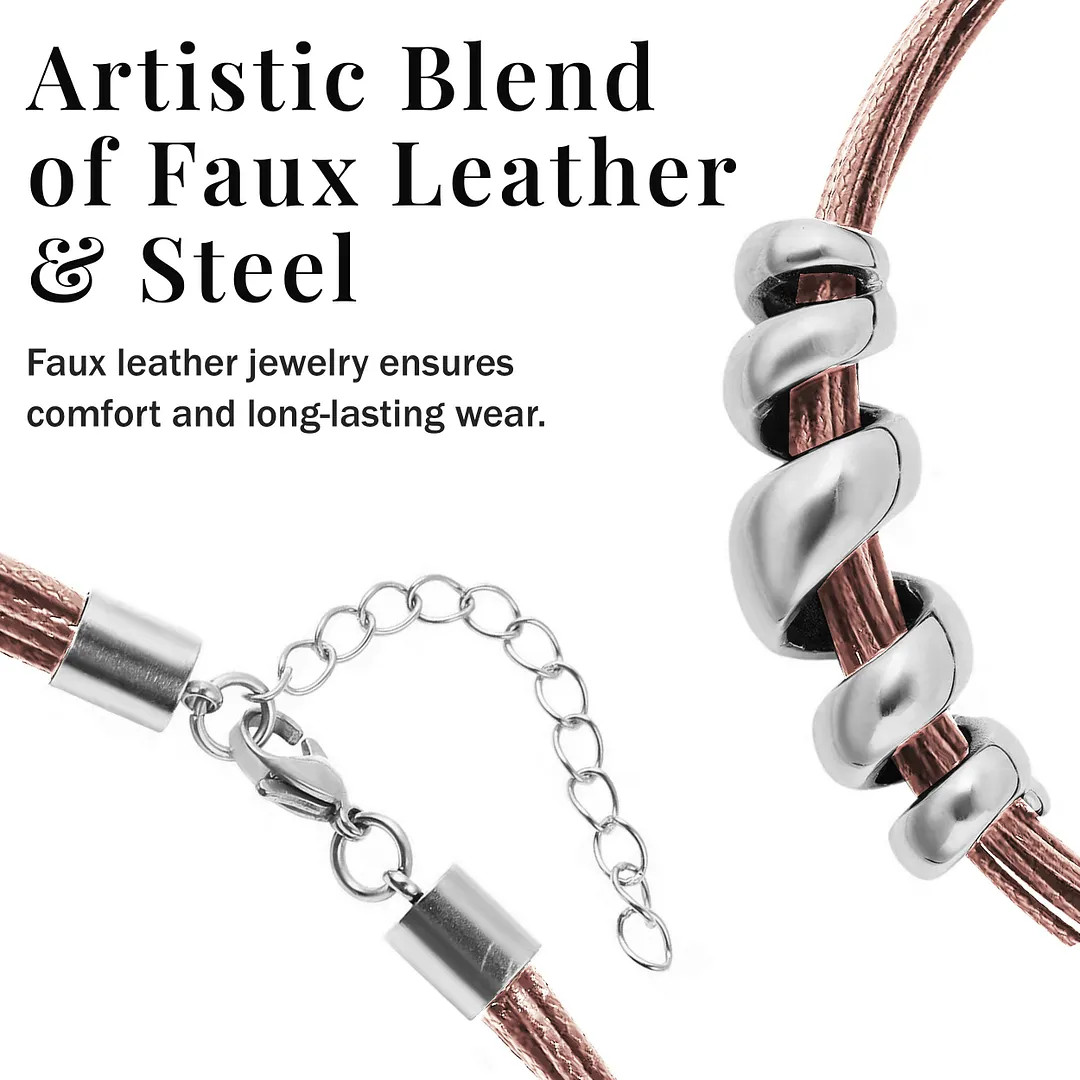 Beige Faux Leather Cord Stainless Steel Twist Bracelet 7″ and Necklace Set 16″