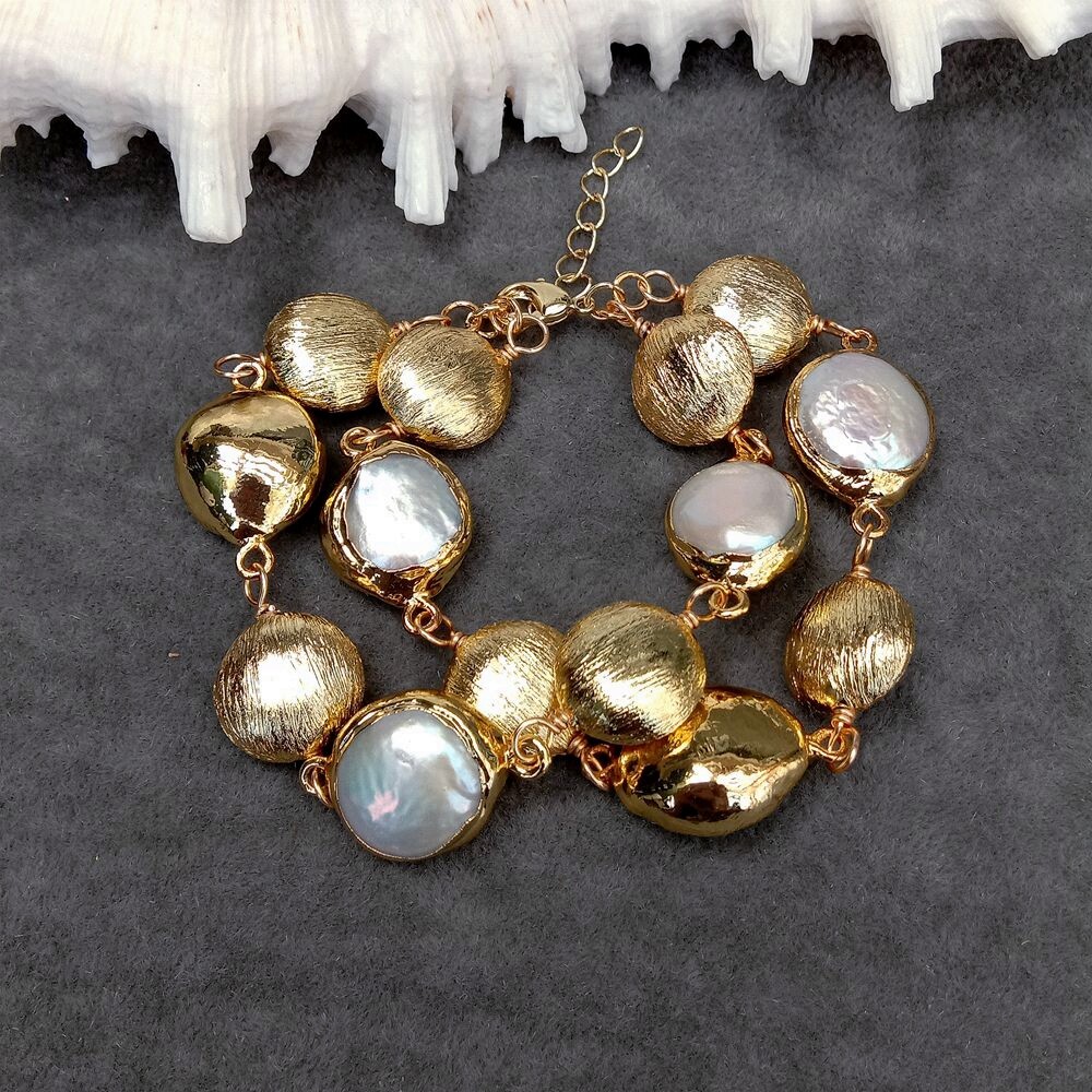 2 Rows Freshwater Cultured White Coin Pearl Brushed Bead Bracelet Women Jewelry